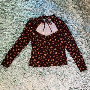 *SOLD* Forever 21 Long Sleeve Floral Black Top w/ Tie
